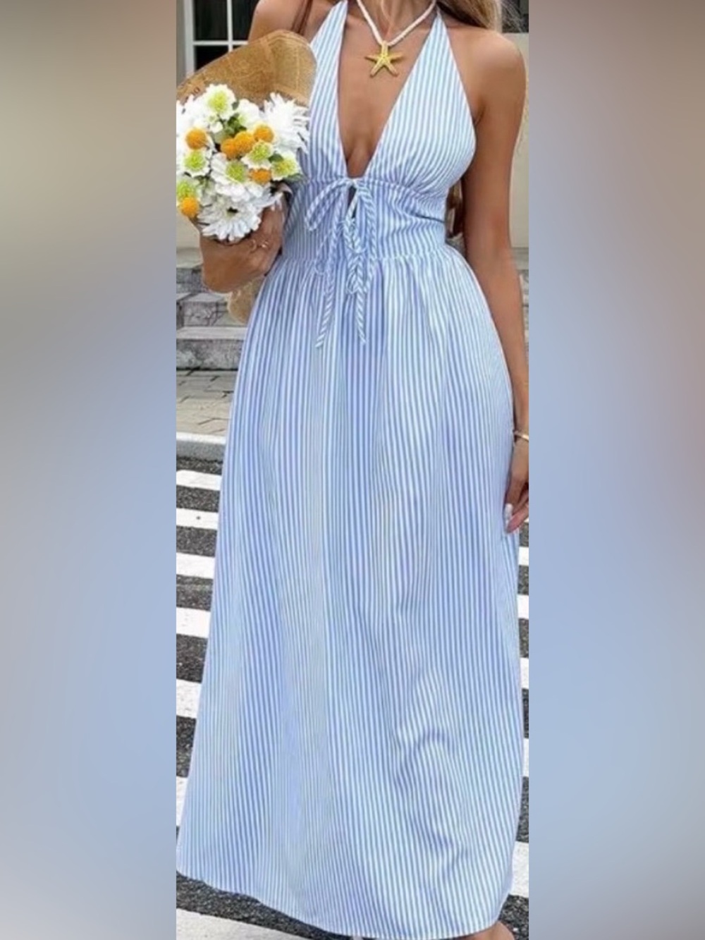 Light Blue & White Striped Halter Dress